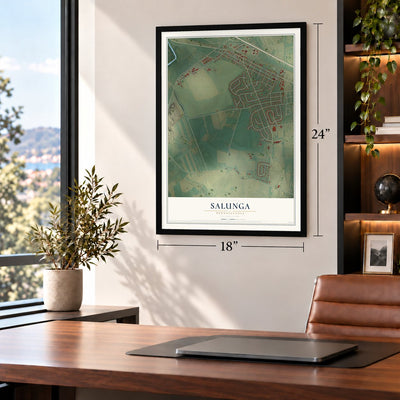 Salunga, Pennsylvania map, 18 x 24 inch print in a black frame in a home office