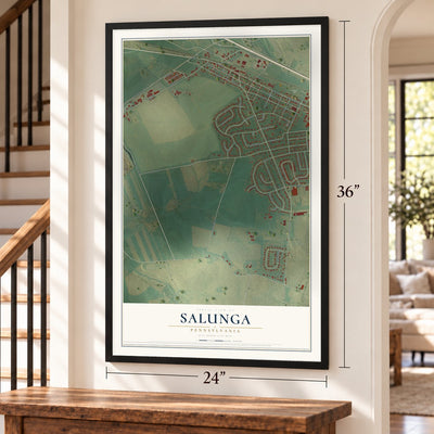 Salunga, Pennsylvania map, 24 x 36 inch print in a black frame by a staircase