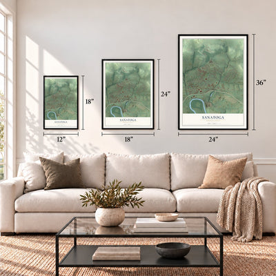 Sanatoga, Pennsylvania map in 12 x 18, 18 x 24 and 24 x 36 inch sizes above a sofa