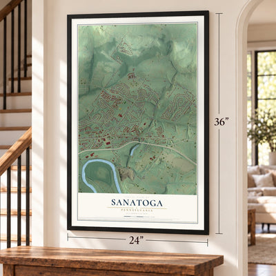 Sanatoga, Pennsylvania map, 24 x 36 inch print in a black frame by a staircase