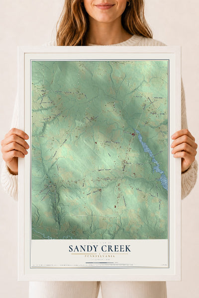 Map of Sandy Creek, Pennsylvania, 18 x 24 inch print in a white wood frame