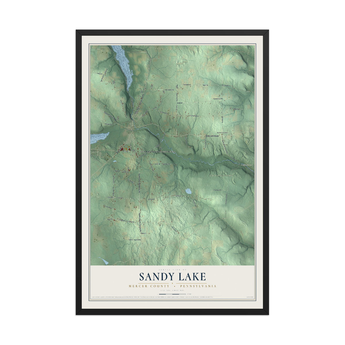 Map of Sandy Lake, Mercer County, Pennsylvania, 12 x 18 inch print in a black wood frame