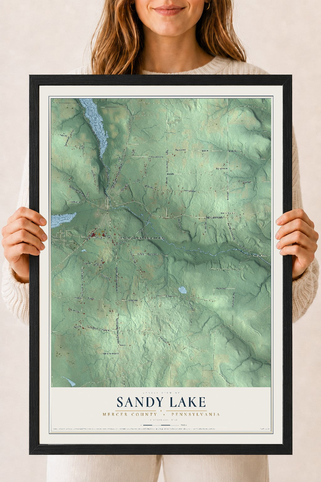 Map of Sandy Lake, Mercer County, Pennsylvania, 18 x 24 inch print in a black wood frame