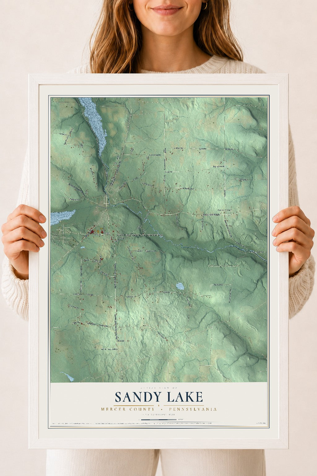 Map of Sandy Lake, Mercer County, Pennsylvania, 18 x 24 inch print in a white wood frame