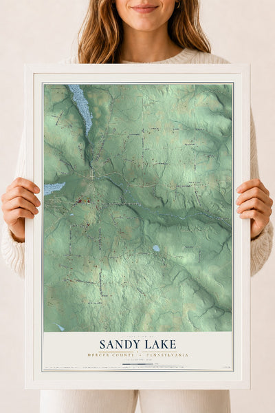 Map of Sandy Lake, Mercer County, Pennsylvania, 18 x 24 inch print in a white wood frame