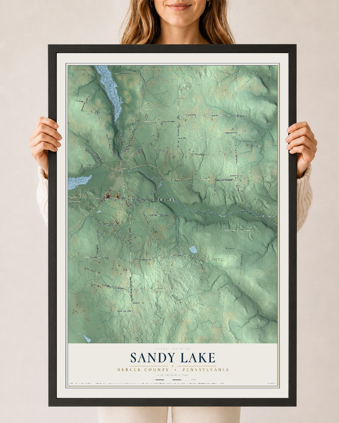 Map of Sandy Lake, Mercer County, Pennsylvania, 24 x 36 inch print in a black wood frame