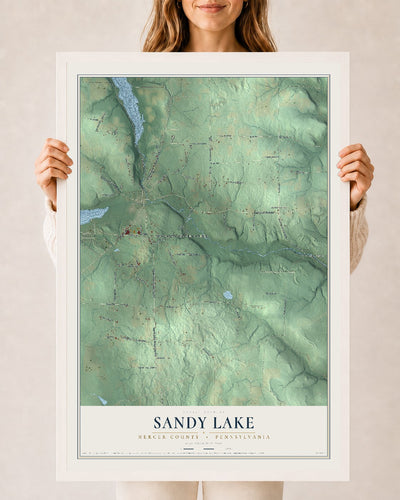 Map of Sandy Lake, Mercer County, Pennsylvania, 24 x 36 inch print in a white wood frame