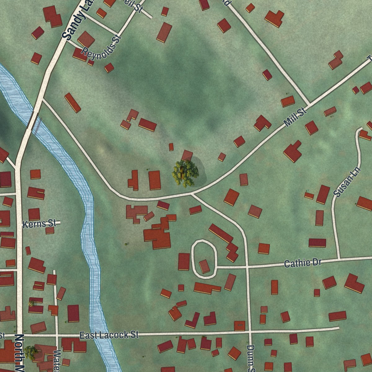 Close-up of the map of the Borough of Sandy Lake, Mercer County, Pennsylvania print showing street and building detail