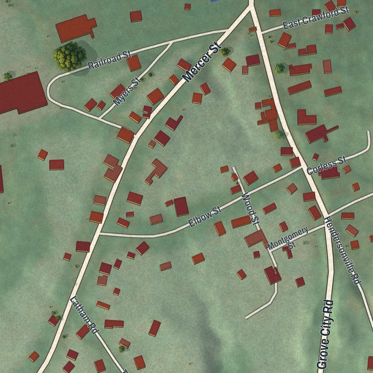 Second close-up of the map of the Borough of Sandy Lake, Mercer County, Pennsylvania print showing more streets and buildings
