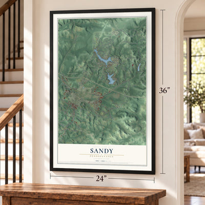 Sandy, Pennsylvania map, 24 x 36 inch print in a black frame by a staircase