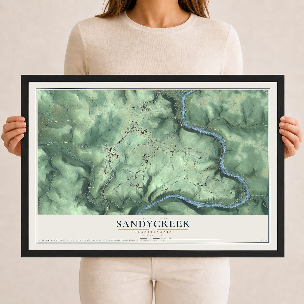 Map of Sandycreek, Pennsylvania, 12 x 18 inch print in a black wood frame