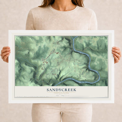 Map of Sandycreek, Pennsylvania, 12 x 18 inch print in a white wood frame