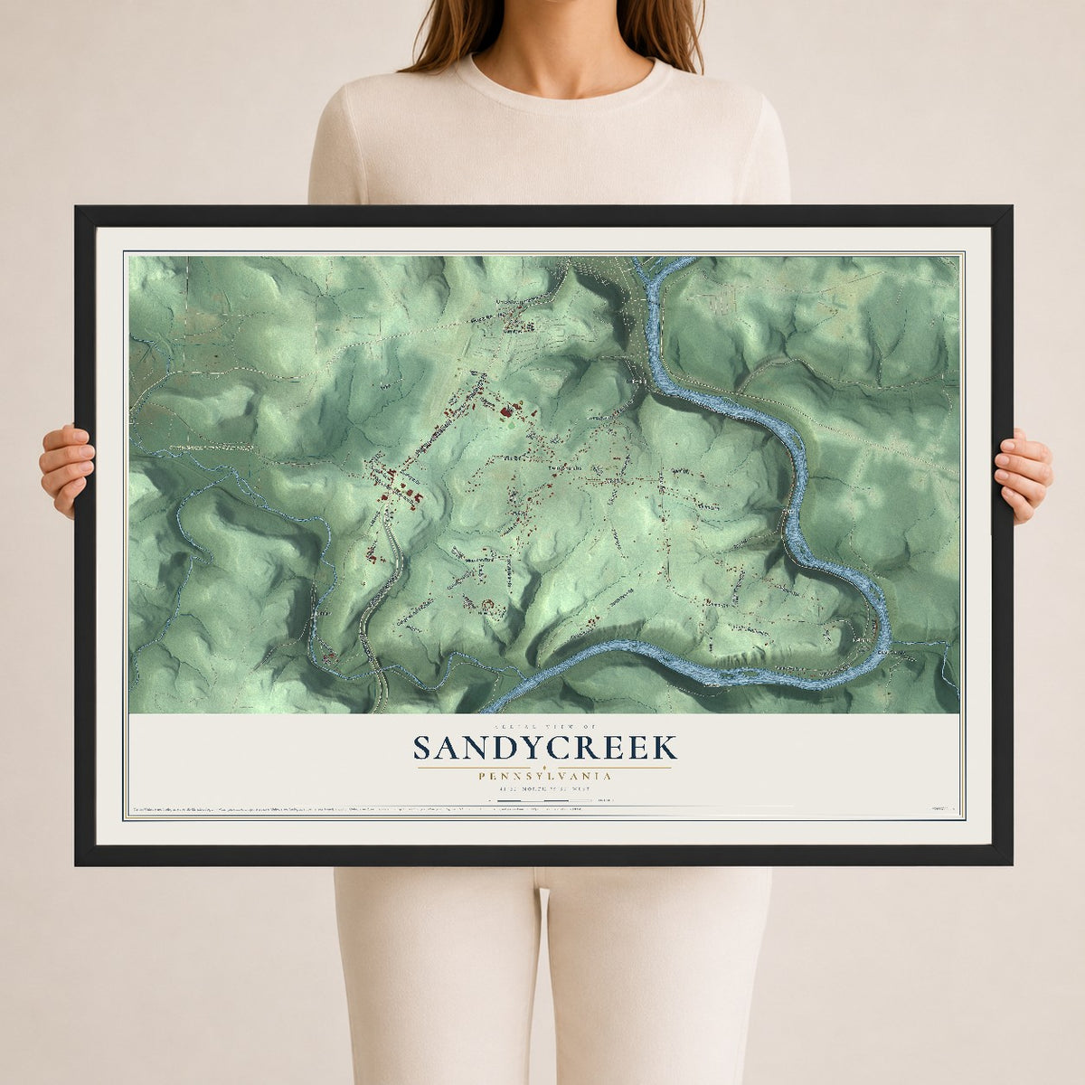 Map of Sandycreek, Pennsylvania, 24 x 36 inch print in a black wood frame