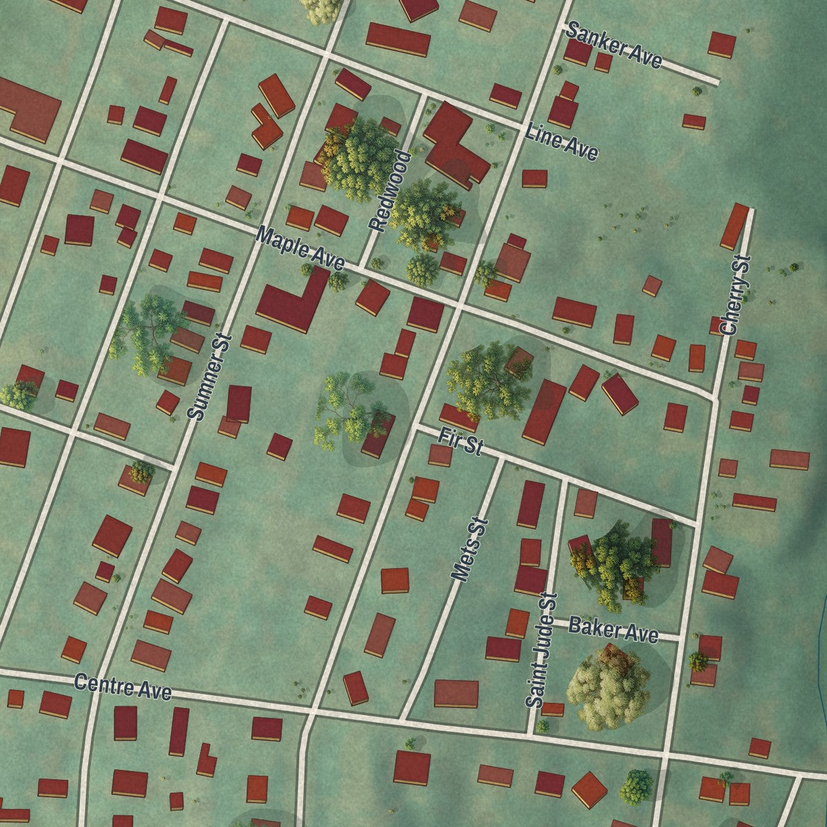 Close-up of the map of Sankertown, Pennsylvania print showing street and building detail