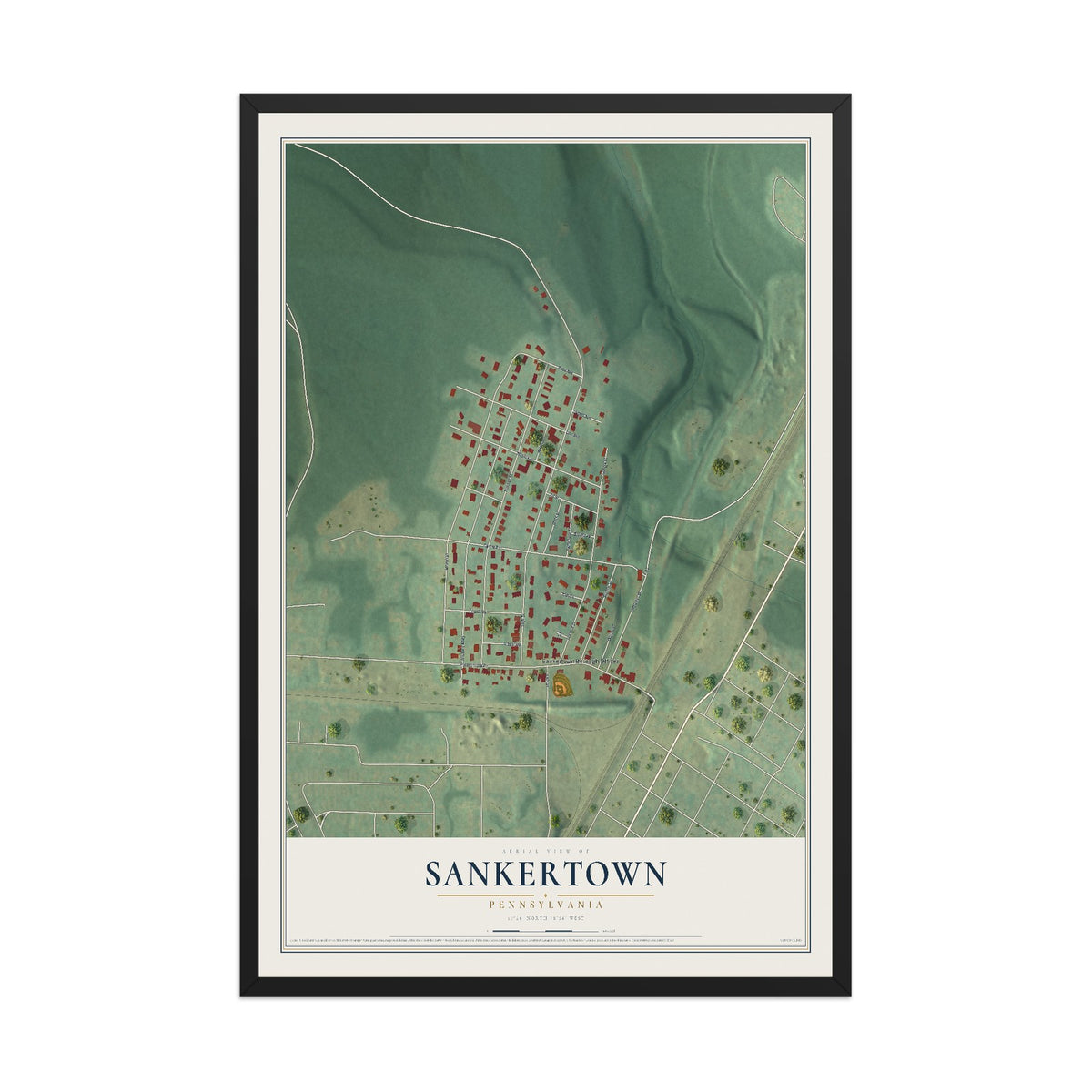 Map of Sankertown, Pennsylvania, 12 x 18 inch print in a black wood frame