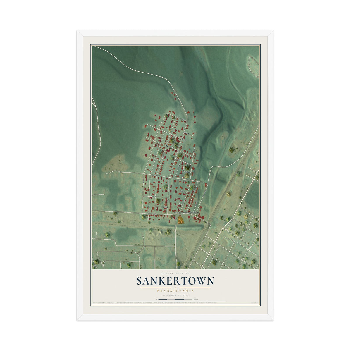 Map of Sankertown, Pennsylvania, 12 x 18 inch print in a white wood frame