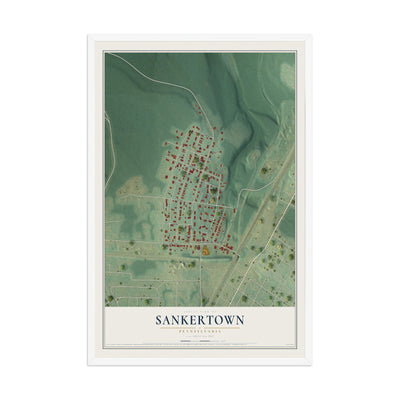 Map of Sankertown, Pennsylvania, 12 x 18 inch print in a white wood frame