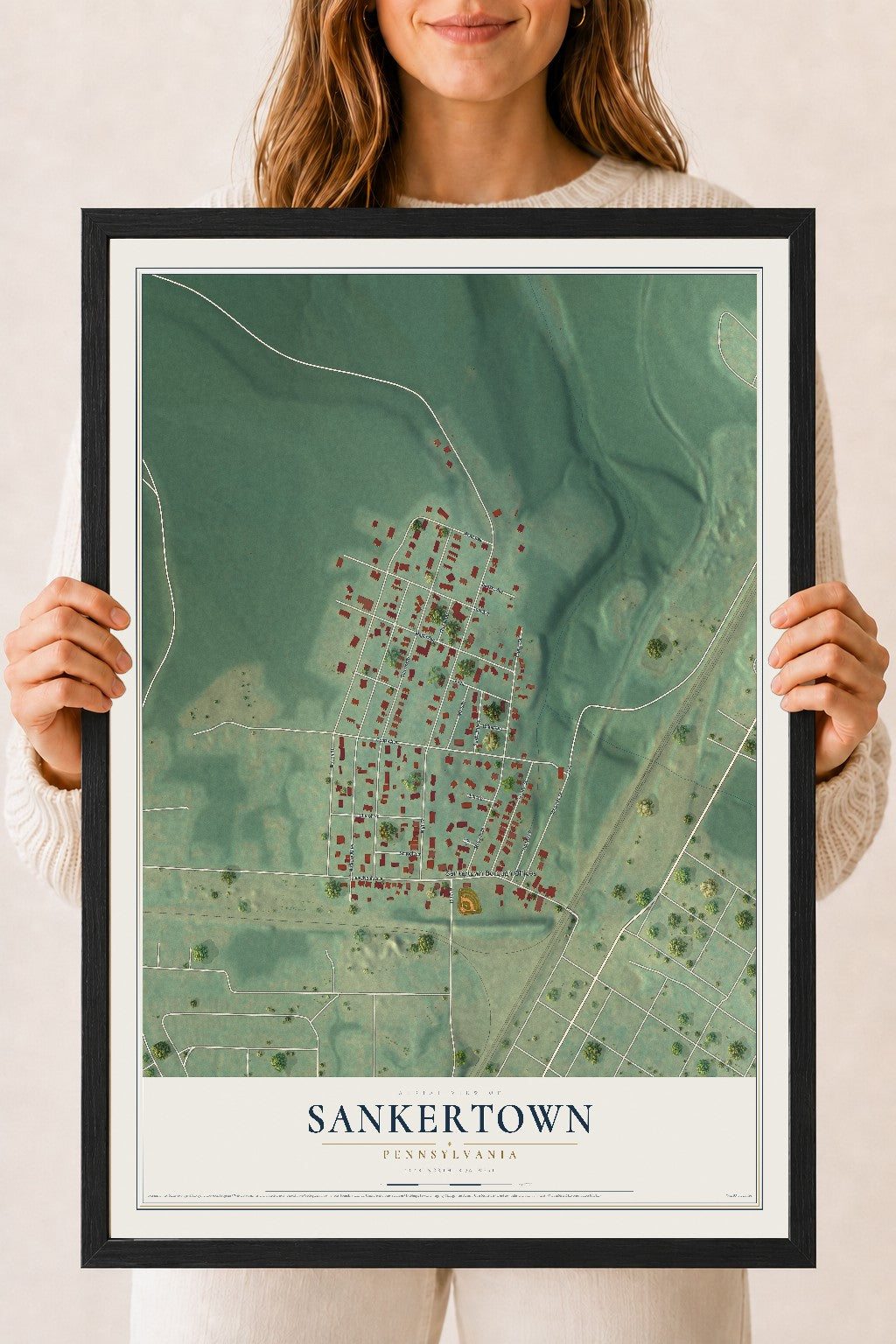 Map of Sankertown, Pennsylvania, 18 x 24 inch print in a black wood frame