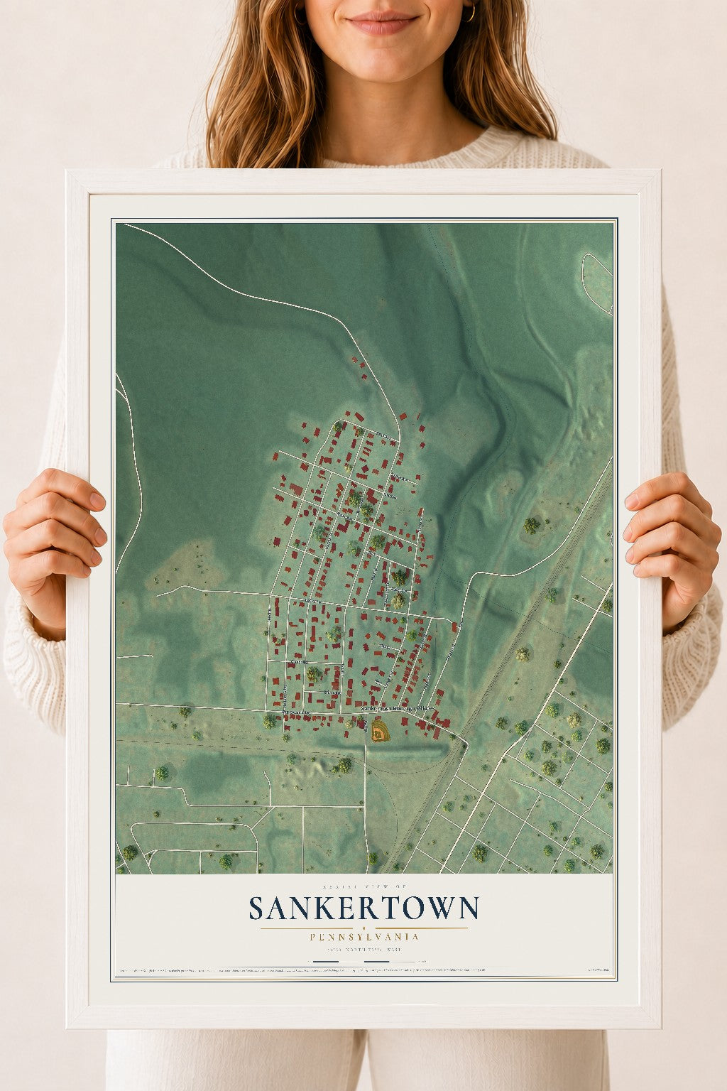 Map of Sankertown, Pennsylvania, 18 x 24 inch print in a white wood frame