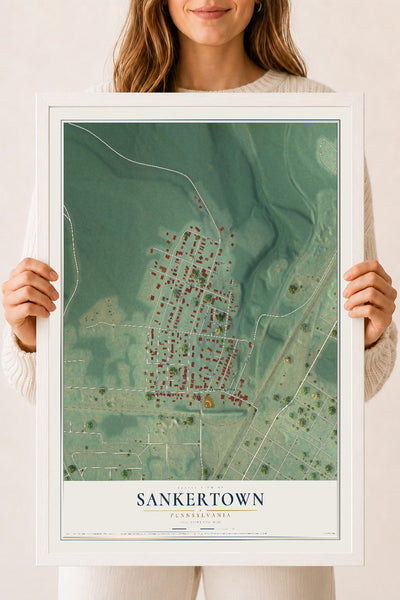 Map of Sankertown, Pennsylvania, 18 x 24 inch print in a white wood frame