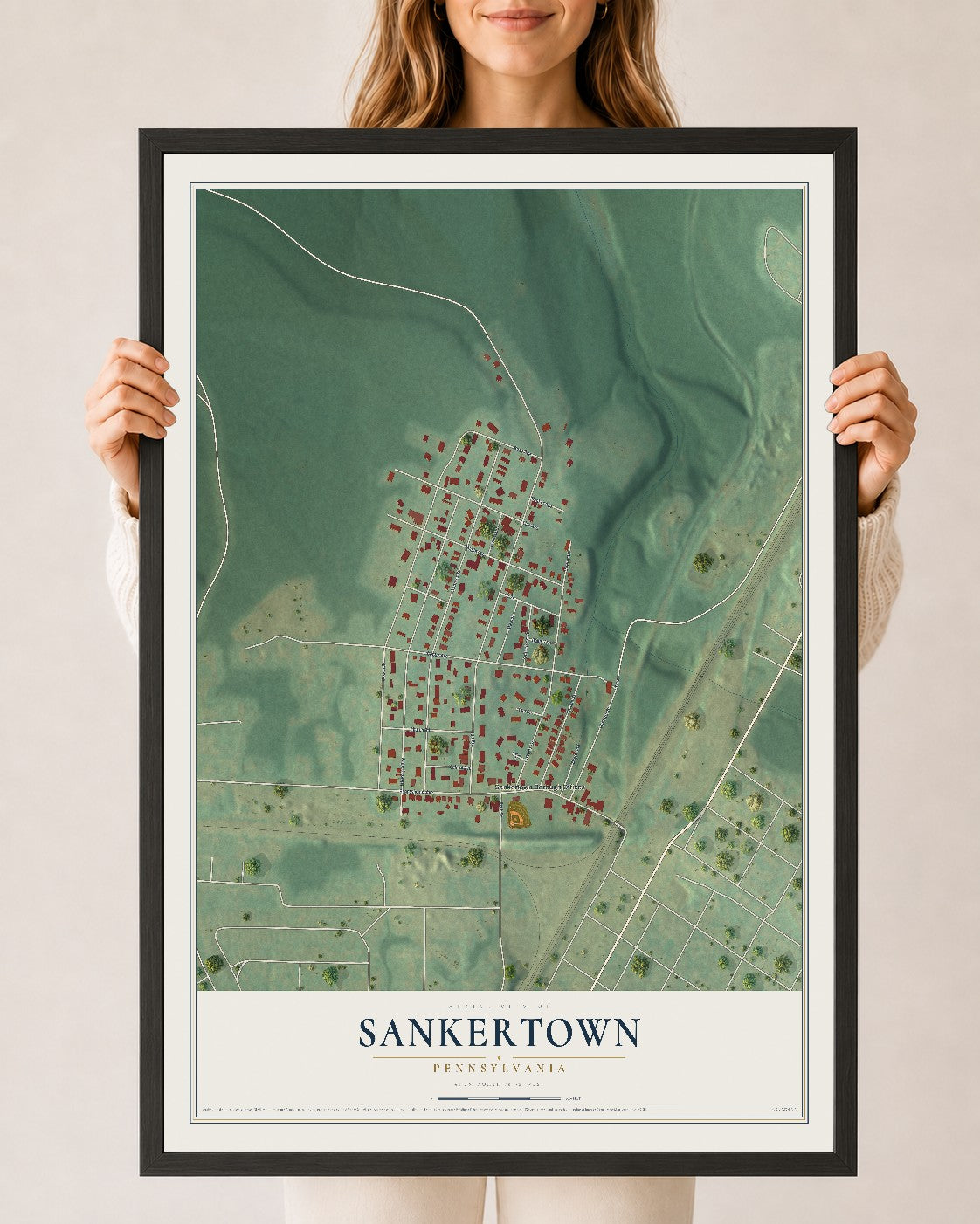 Map of Sankertown, Pennsylvania, 24 x 36 inch print in a black wood frame