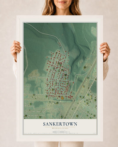 Map of Sankertown, Pennsylvania, 24 x 36 inch print in a white wood frame