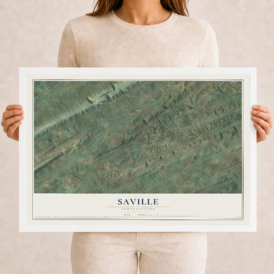 Map of Saville, Pennsylvania, 12 x 18 inch print in a white wood frame