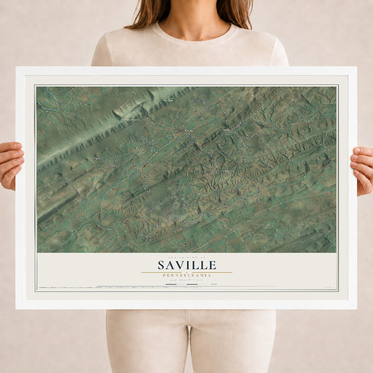Map of Saville, Pennsylvania, 18 x 24 inch print in a white wood frame