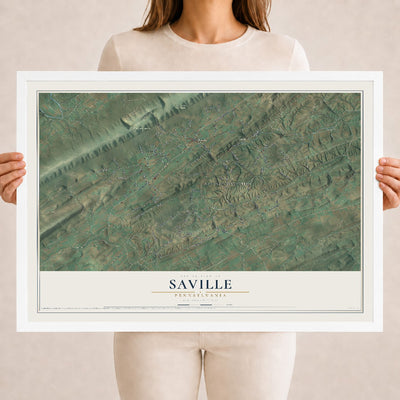 Map of Saville, Pennsylvania, 18 x 24 inch print in a white wood frame