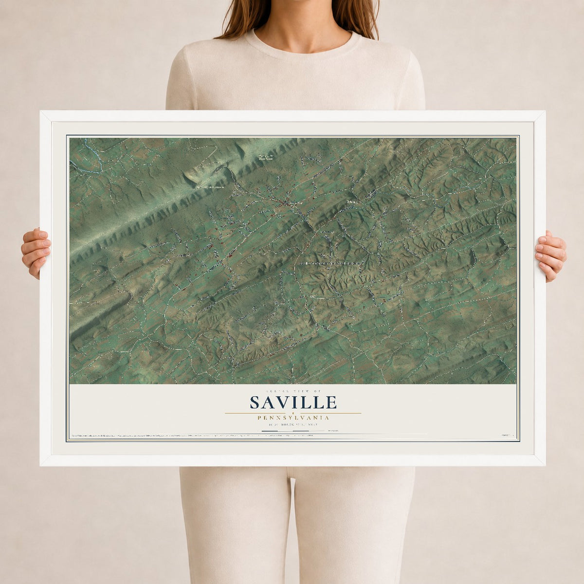 Map of Saville, Pennsylvania, 24 x 36 inch print in a white wood frame