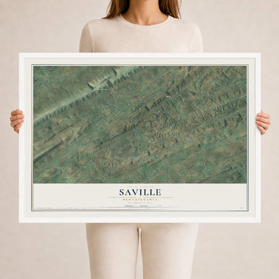 Map of Saville, Pennsylvania, 24 x 36 inch print in a white wood frame