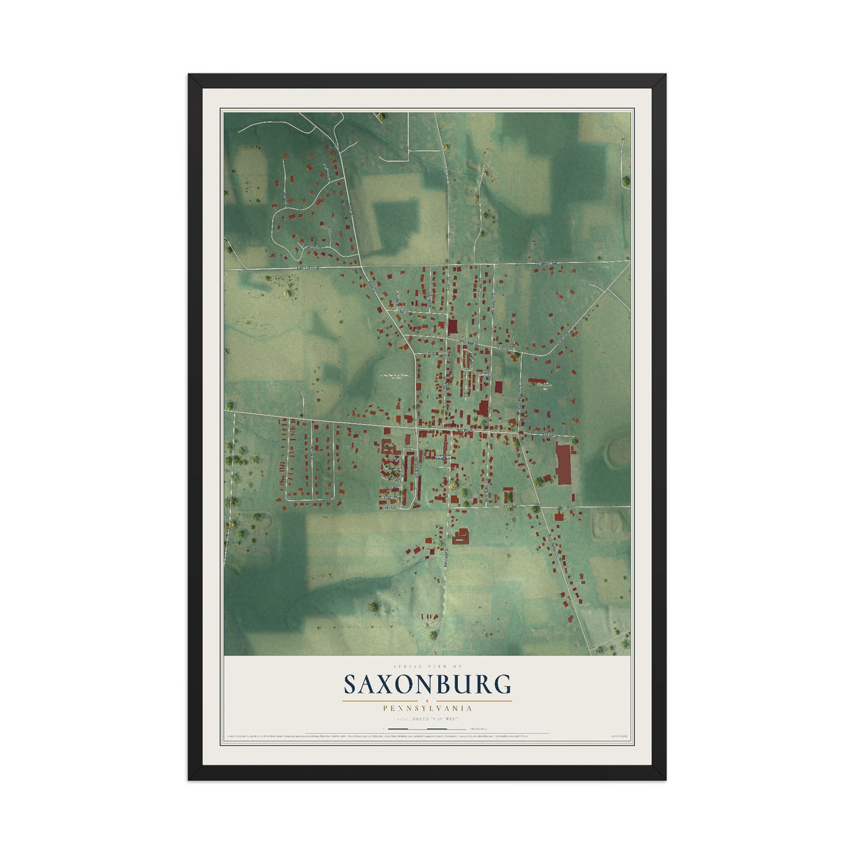 Map of Saxonburg, Pennsylvania, 12 x 18 inch print in a black wood frame