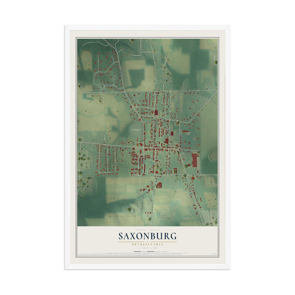 Map of Saxonburg, Pennsylvania, 12 x 18 inch print in a white wood frame