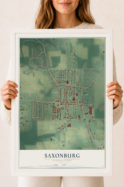 Map of Saxonburg, Pennsylvania, 18 x 24 inch print in a white wood frame