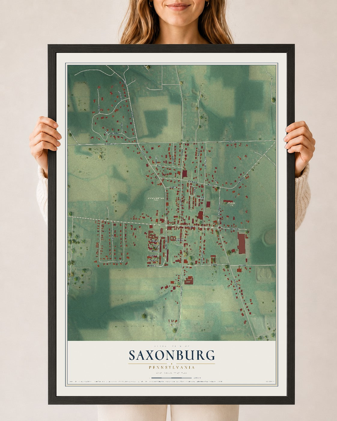 Map of Saxonburg, Pennsylvania, 24 x 36 inch print in a black wood frame