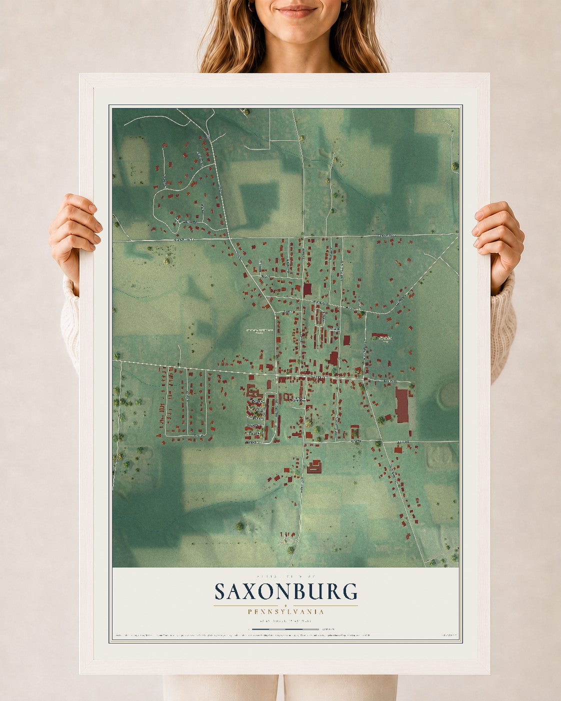 Map of Saxonburg, Pennsylvania, 24 x 36 inch print in a white wood frame