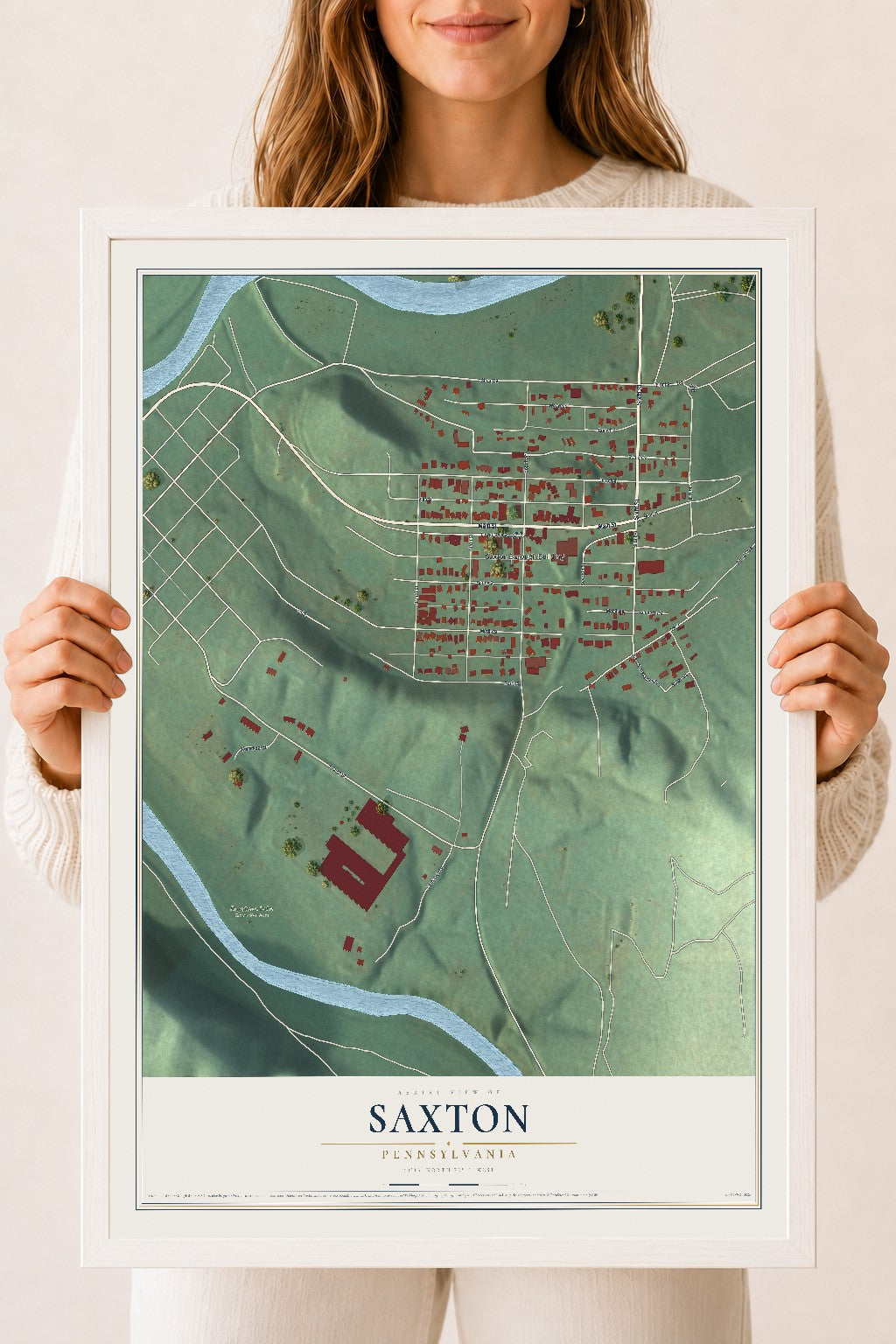 Map of Saxton, Pennsylvania, 18 x 24 inch print in a white wood frame