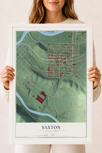 Map of Saxton, Pennsylvania, 18 x 24 inch print in a white wood frame
