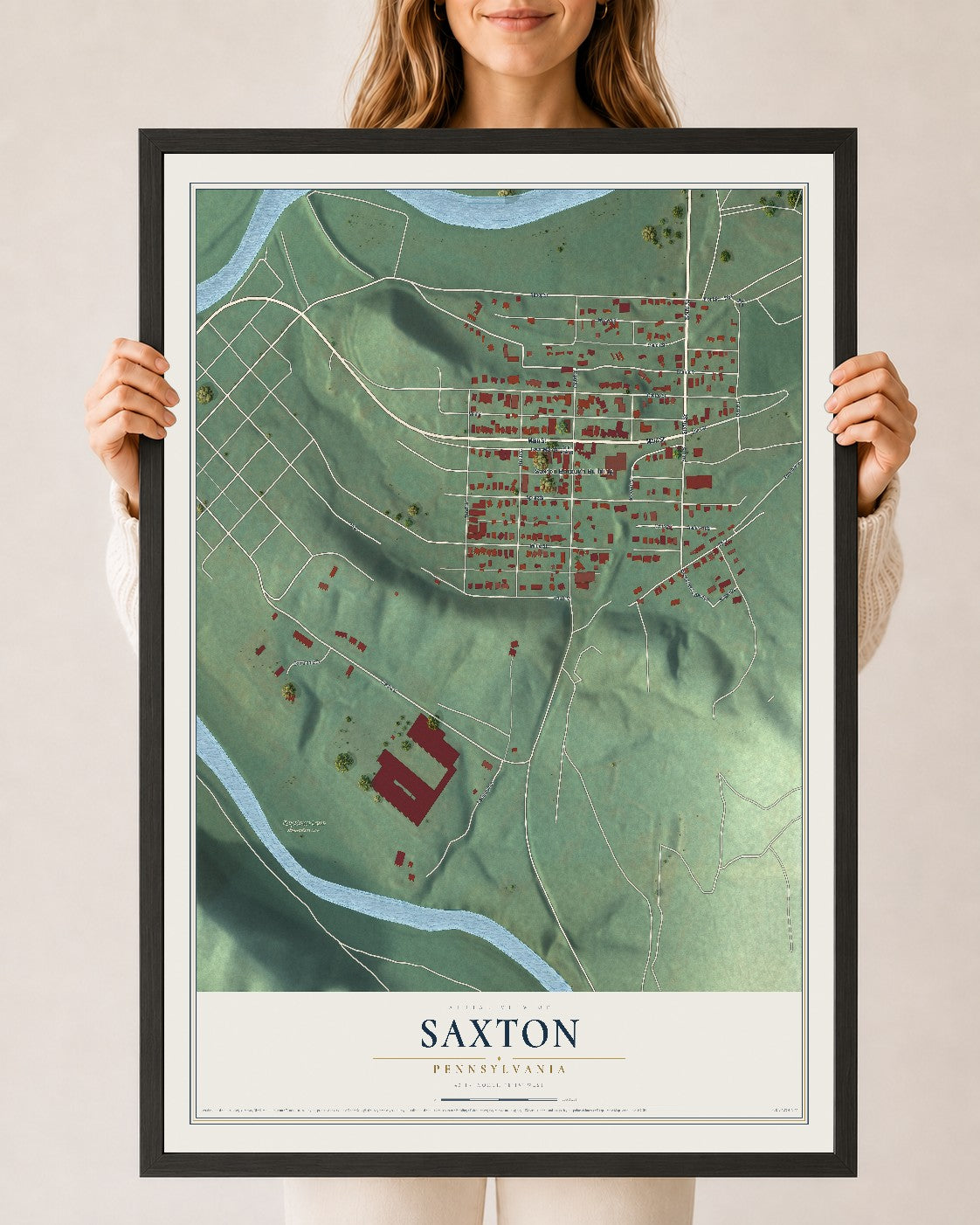 Map of Saxton, Pennsylvania, 24 x 36 inch print in a black wood frame