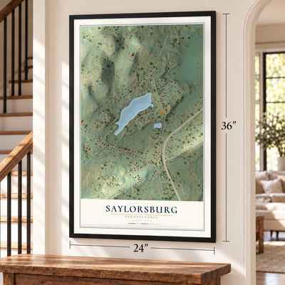 Saylorsburg, Pennsylvania map, 24 x 36 inch print in a black frame by a staircase