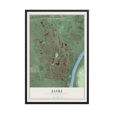 Map of Sayre, Pennsylvania, 12 x 18 inch print in a black wood frame