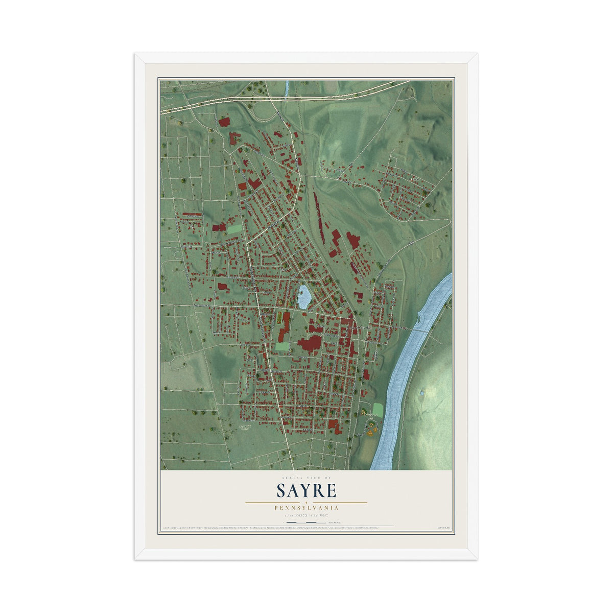 Map of Sayre, Pennsylvania, 12 x 18 inch print in a white wood frame
