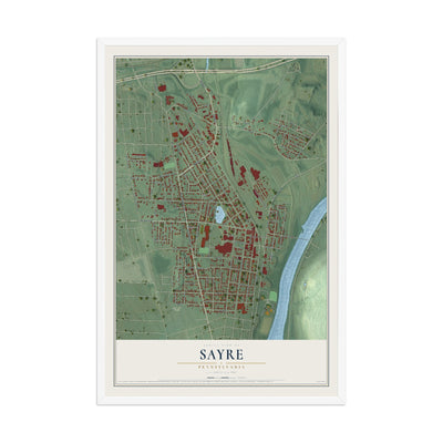 Map of Sayre, Pennsylvania, 12 x 18 inch print in a white wood frame