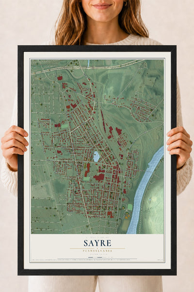 Map of Sayre, Pennsylvania, 18 x 24 inch print in a black wood frame