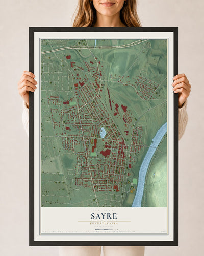 Map of Sayre, Pennsylvania, 24 x 36 inch print in a black wood frame