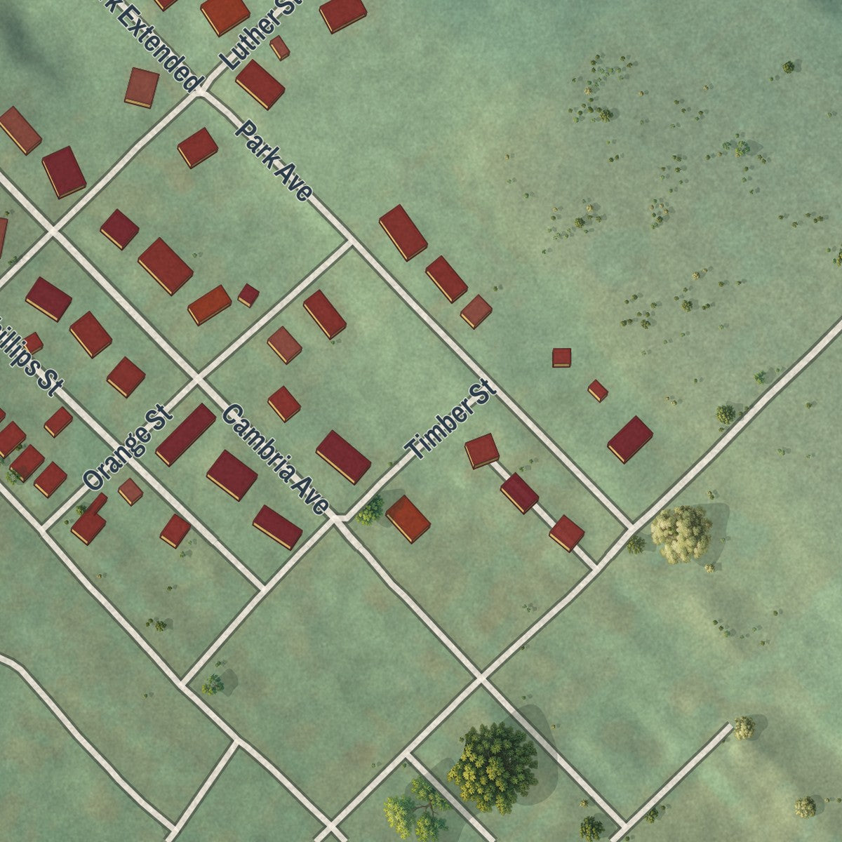 Second close-up of the map of Scalp Level, Pennsylvania print showing more streets and buildings