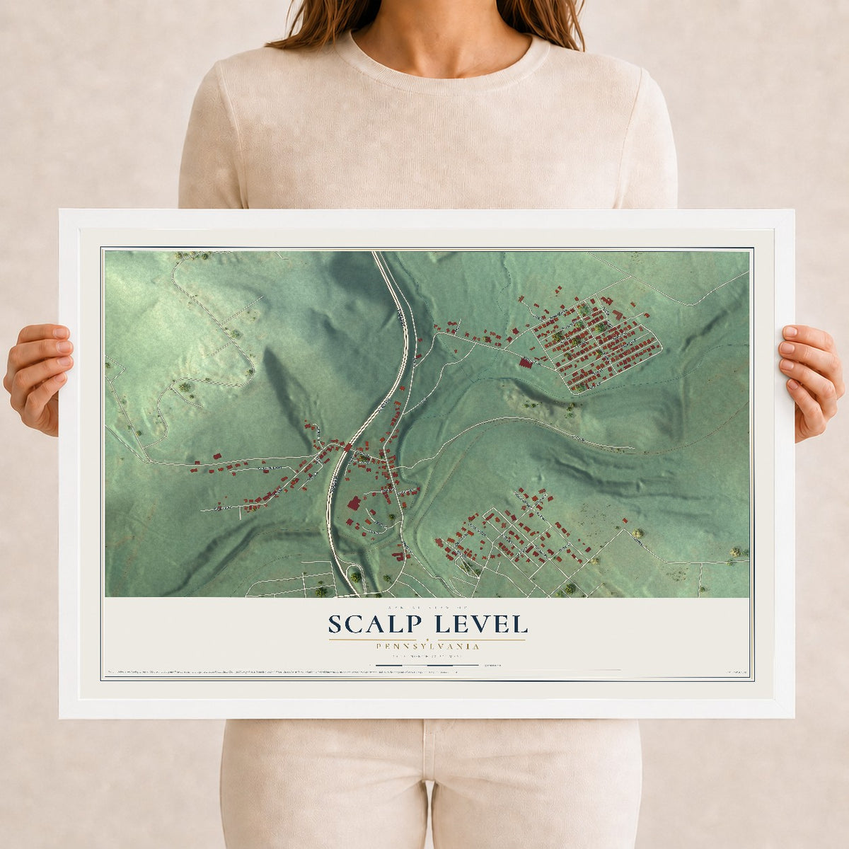 Map of Scalp Level, Pennsylvania, 12 x 18 inch print in a white wood frame