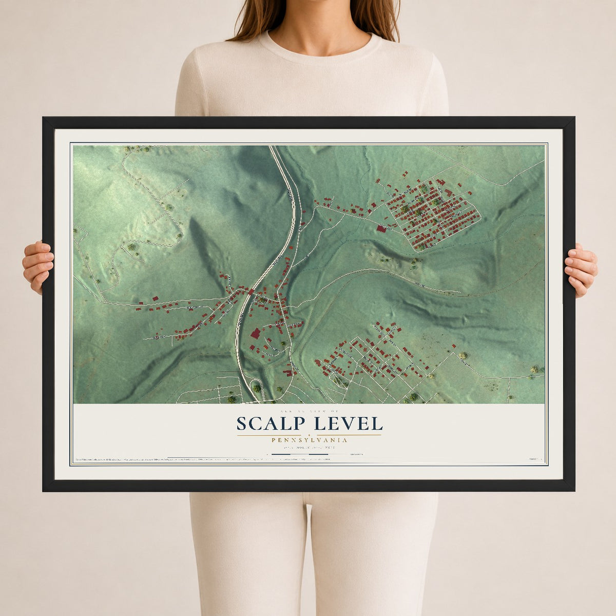 Map of Scalp Level, Pennsylvania, 24 x 36 inch print in a black wood frame
