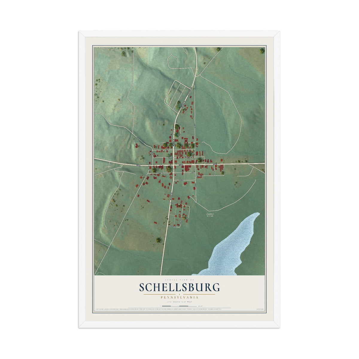 Map of Schellsburg, Pennsylvania, 12 x 18 inch print in a white wood frame