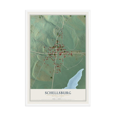 Map of Schellsburg, Pennsylvania, 12 x 18 inch print in a white wood frame